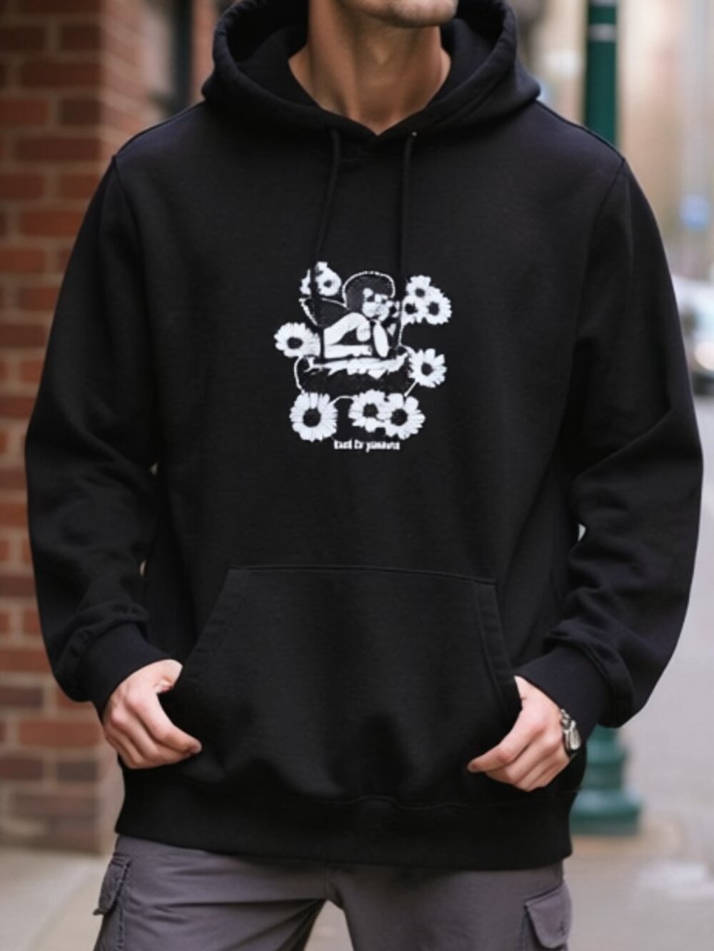 H&M Men’s Regular Fit Hoodie Black Lost In Peace Cherub Angel Daisy Graphic XL